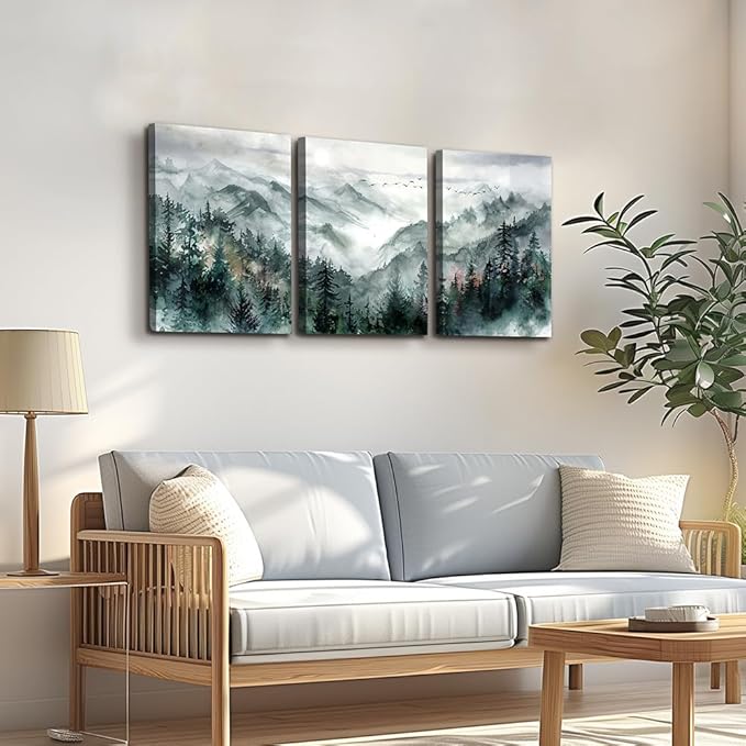 TTHYUEWS Wall Art for Bedroom Wall Decor for Living Room Office Decor Mountain Forest Landscape Wall Pictures Watercolour Paintings Artwork 3 Piece Canvas Art Prints Ready To Hang Home Decoration