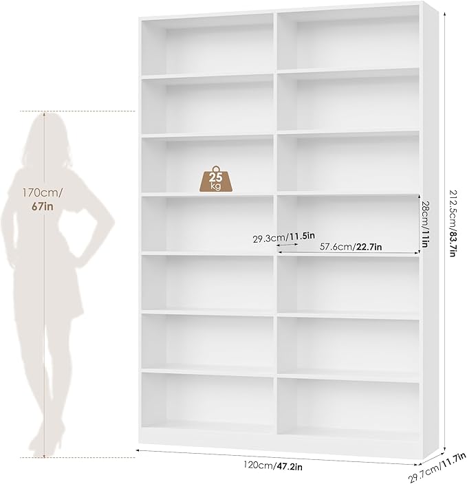 FACBOTALL 83.6" Tall Bookshelf and Bookcase, 7-Tier Extra Large Bookshelf with Double Storage, 14 Open Display Shelves for Home Office, Study and Living Room, White