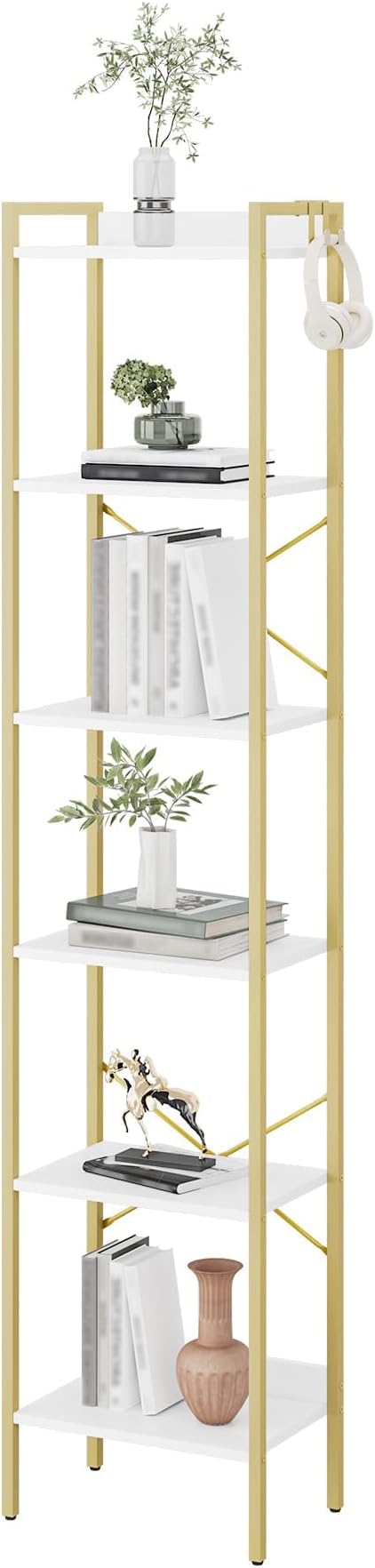 Bookshelf, Book Shelf, Industrial Bookcase with 2 Hooks, Coner Shelf Storage Organizer for Home Office, Living Room, Bedroom, Kitchen, 6-Tier White-Gold BC10713G