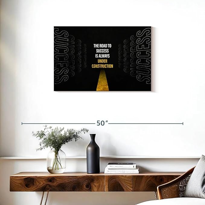ElephantStock - Work On Your Road To Success Wall Art - Horizontal Canvas Wall Art - Home Office Wall Decor - Digital Art Inspirational And Typography Canvas Art - Black And White Decor - 30" x 20"