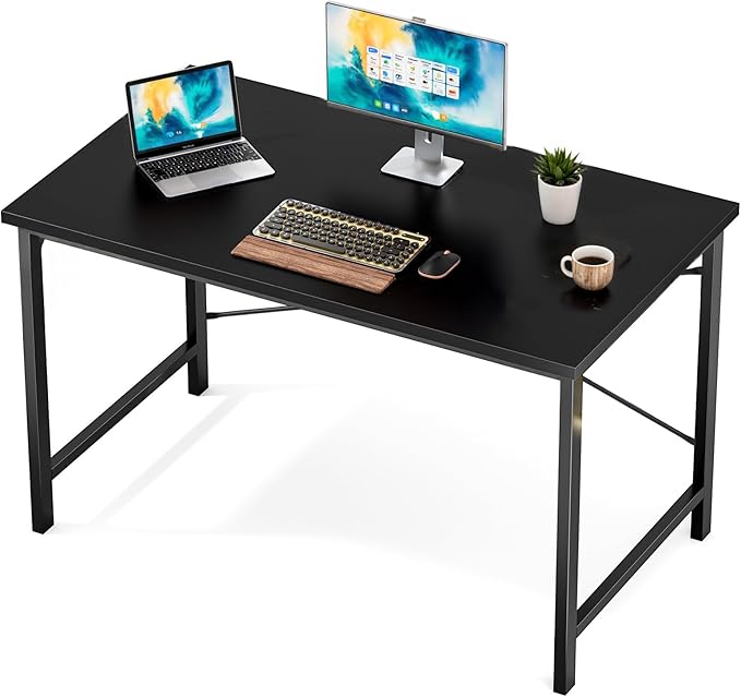 Sweetcrispy Small Computer Desk,47 Inch Office Writing Work Desk with Metal Frame Wooden Tabletop, Student Study Home Bedroom Table with X-Shaped Reinforcement, Black