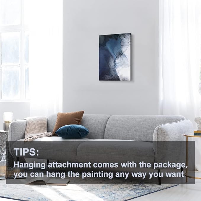 Canvas Wall Art Abstract Art Paintings Navy Blue Block and Line Graffiti is Like Running Water on White Background Modern Artwork Decor for Living Room Bedroom Kitchen 24x16in