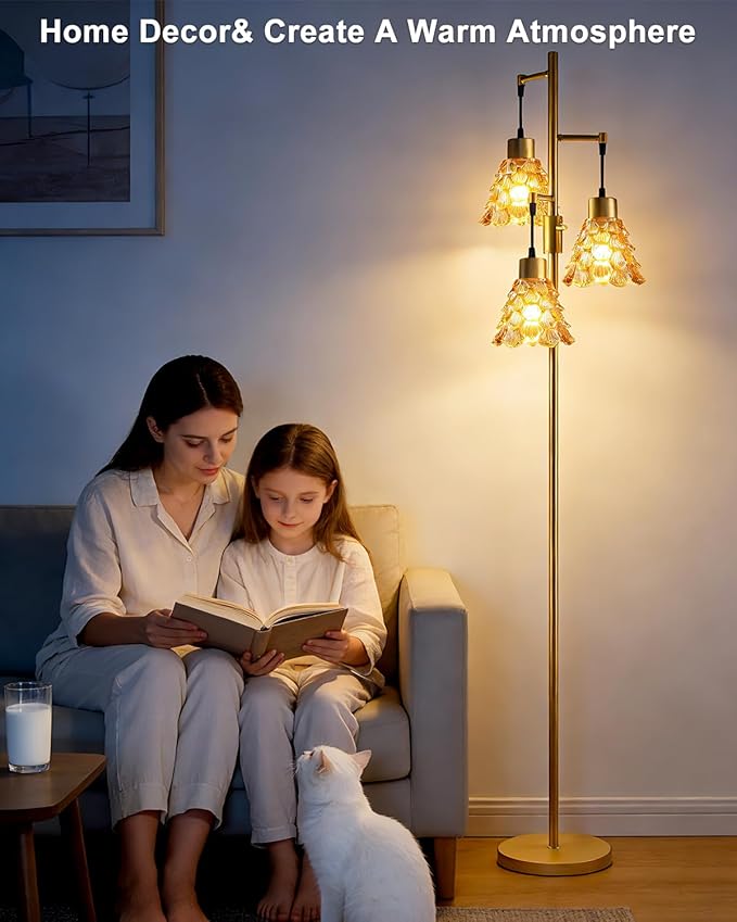Lightdot 67" Glass Floor Lamps for Living Room, 3-Light Dimmable Floor Lamp with Brown Glass Shade& E12 Bulbs Included, Mid Century Standing Tall Lamp for Bedroom/Sofa Beside/Corner Decor-Gold