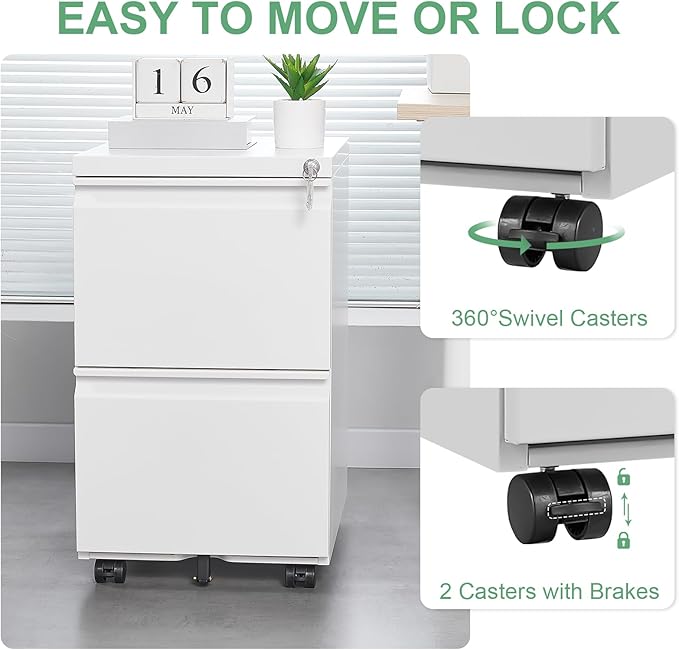 [Fully Assembled] 2 Drawer Lockable Metal File Cabinet on Wheels, Mobile Under Desk Filing Cabinet with Printer Stand, Home Office Storage Cabinet (White, 2 Drawer)