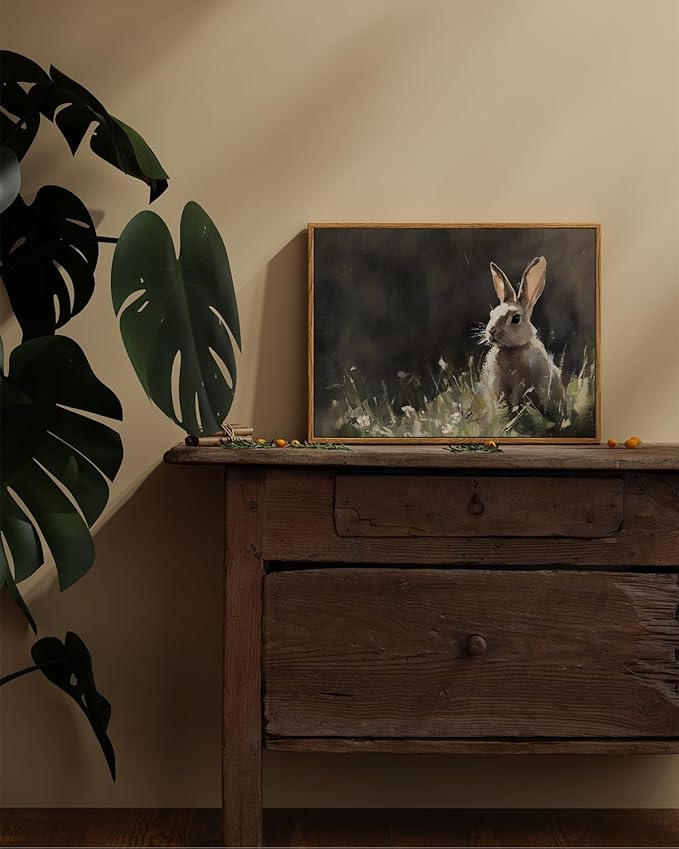 ARPEOTCY Vintage Framed Canvas Wall Art, Cute Bunny Wall Art for Living Room Bedroom, Rustic Moody Rabbit Spring Painting Pictures Home Decor for Easter Decoration (12x16 Inch)
