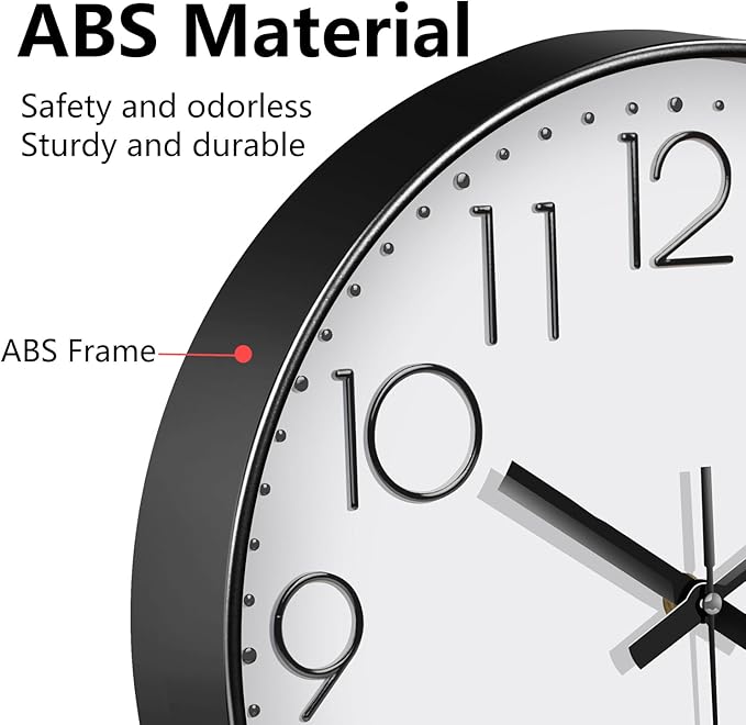 Wall Clock, Silent Wall Clocks Battery Operated 10 Inch Modern Non Ticking Analog Clock with Large Numerals Tempered Glass Clocks for Bedroom, Living Room, Kitchen, Office Decor, White Black