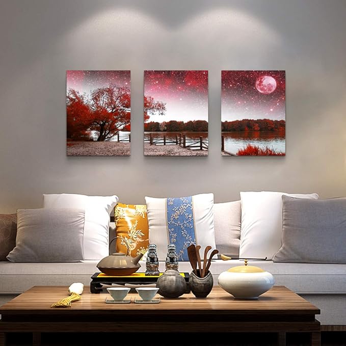 Wall Art Decor Poster Living Room abstract Red Tree Moon Starry Sky Landscape Painting Bathroom Wall Decor Bedroom Canvas Prints 3 Piece Picture Works Ready to Hang Office Home decoration Artwork