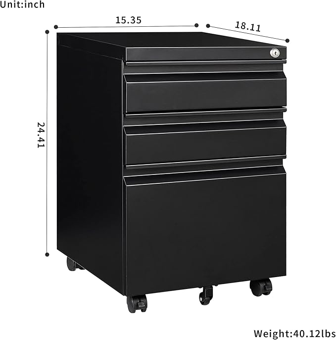 3 Drawer File Cabinet with Lock, Steel Mobile Filing Cabinet on Anti-tilt Wheels, Rolling Locking Office Cabinets Under Desk for Legal/Letter Size (Black)