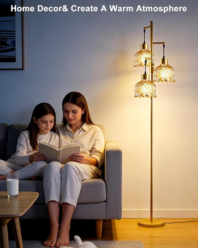 Gold Floor Lamps for Living Room, 3-Light Dimmable Floor Lamp with Brown Glass Shade& E12 Bulbs Included, 65'' Mid Century Tall Standing Lamp for Bedroom/Sofa Beside/Corner Decor