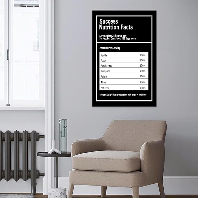 Inspirational Canvas Wall Art Success Nutrition Facts Poster Print Inspiring Entrepreneur Quotes Motivational Painting Artwork Decor for Bedroom Office Framed Ready to Hang [12''Wx18''H]