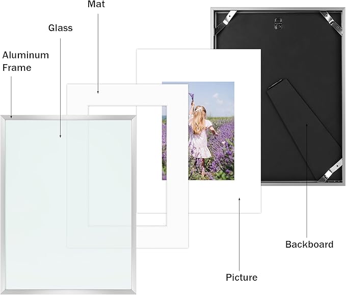 Golden State Art, Gallery Wall Frame Set of 6 - Silver 9x12 Aluminum Photo Frames with Mat for 6x8 Pictures - 9 x 12 inch Metal Frame with Real Glass Cover - Elegant Home or Office Decor
