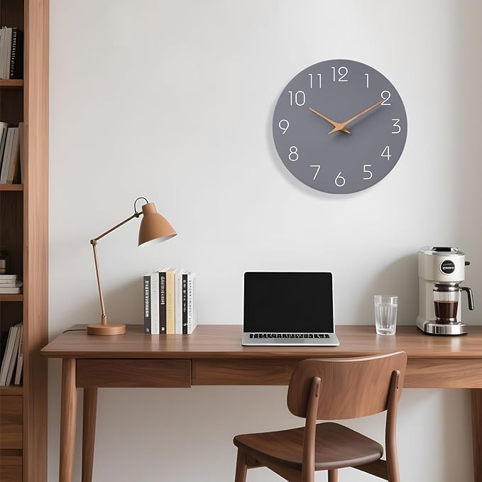 Mosewa Wall Clock Silent Non Ticking Decorative for Kitchen Bedroom Bathroom Office Living Room Battery Operated 10 Inch Gray Modern