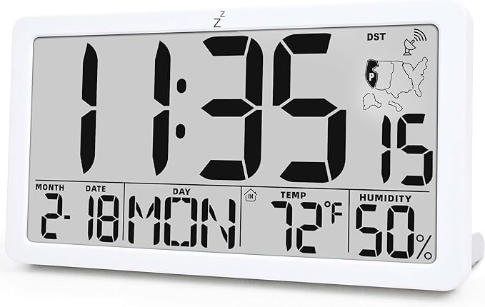 TXL Atomic Digital Wall Clock, Battery Operated with Temperature & Humidity, Auto DST, Date & Weekday, Easy Set Alarm, for Living Room, Bedroom, Office & Classroom (White)