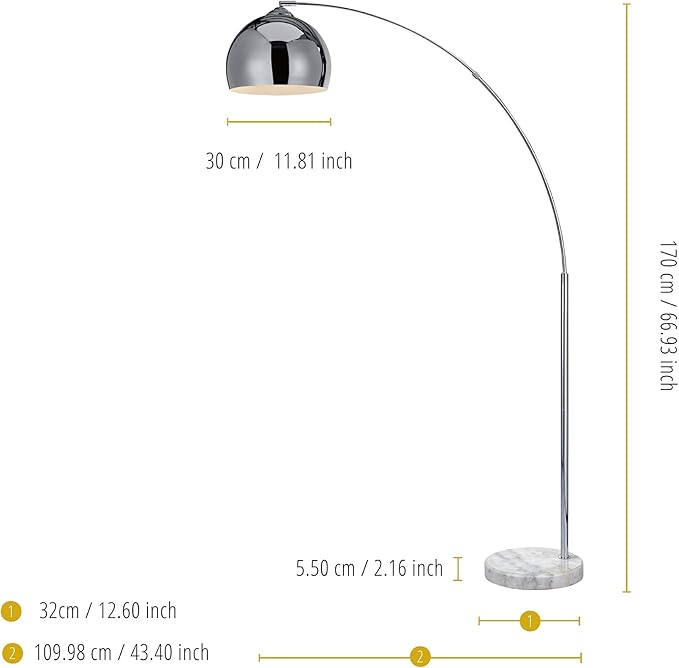 Teamson Home Arquer 68.1" Arc Floor Lamp for Living Rooms, Home Offices, Dining Rooms, Bedrooms with Faux White Marble Base and Chrome Bell Shade