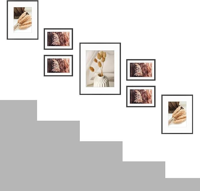 Golden State Art, Aluminum Gallery Wall Frame Set of 7 - Includes One 11x14, Two 8x10, and Four 5x7 - Metal Frames with Mat & Real Glass Cover for Elegant Home or Office Decor (Style 2, Black)