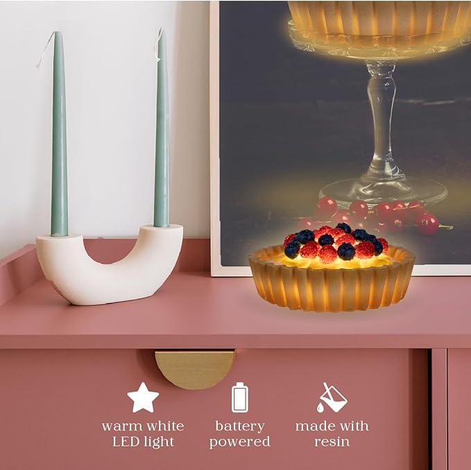 Fruits Tart Desk Light, Cute Resin College Lamp for Dorm Room or Kids Bedroom, Warm White LED Light, Battery Operated Decor for Girls & Home Office