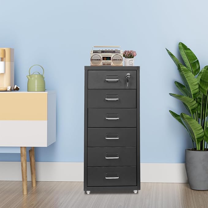 6-Drawer Metal File Cabinet, Metal Filing Storage Vertical Cabinets with Lock Home Office Filing Cabinets for Organization Hanging Letter/Legal/F4/A4 (Black)