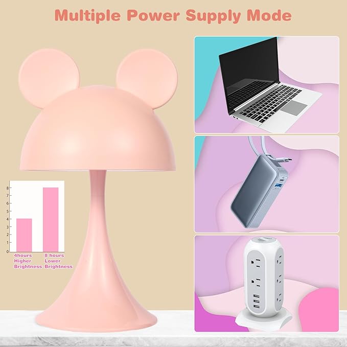 Rechargeable Mouse-Shaped LED Bedside Lamp – Kids Room Night Light with Touch Dimming & 3 Color Temperatures (Pink)