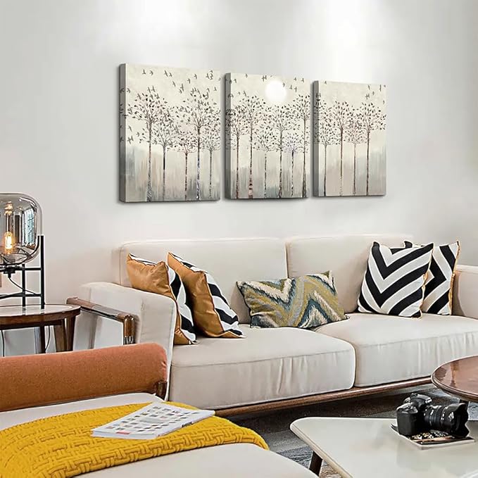 Lapremoly Wall Decorations for Living Room - Canvas Art for Bedroom Office - Trees and Birds Abstract Paintings View Prints - Modern Room Home Decor 3 Piece