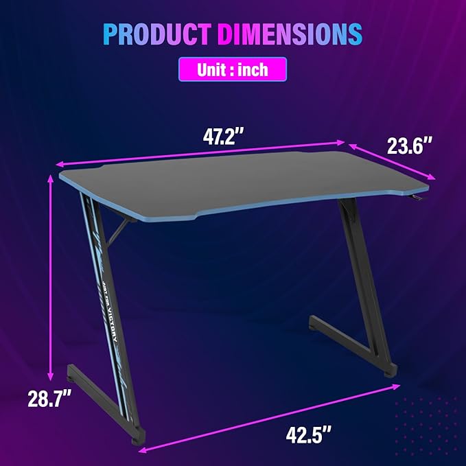 PayLessHere | 47" Gaming Table | Blue | Z-Shaped Computer Desk with Steel Frame, Headphone Hook, Adjustable Feet | Carbon Fiber Texture Surface, Sweat & Waterproof | for Gaming, Home Office
