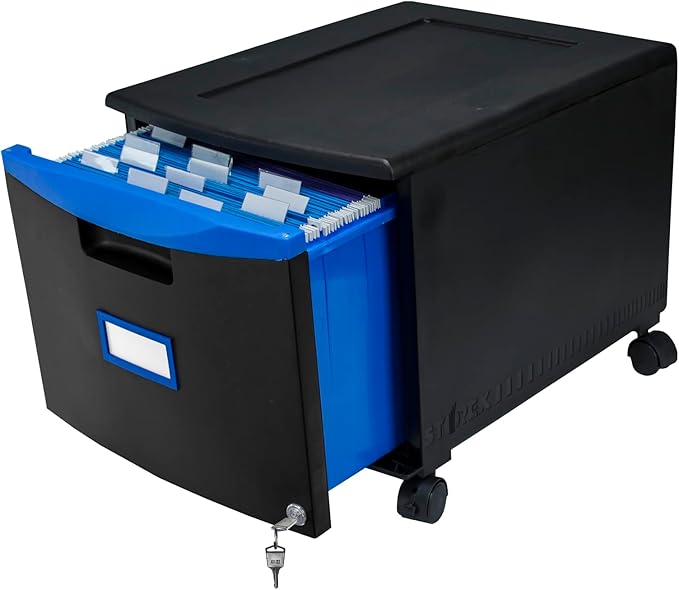Storex Plastic One-Drawer File Cabinet – Locking Document Organizer with Casters for Home and Office, Black, 1-Pack (61269C01C)