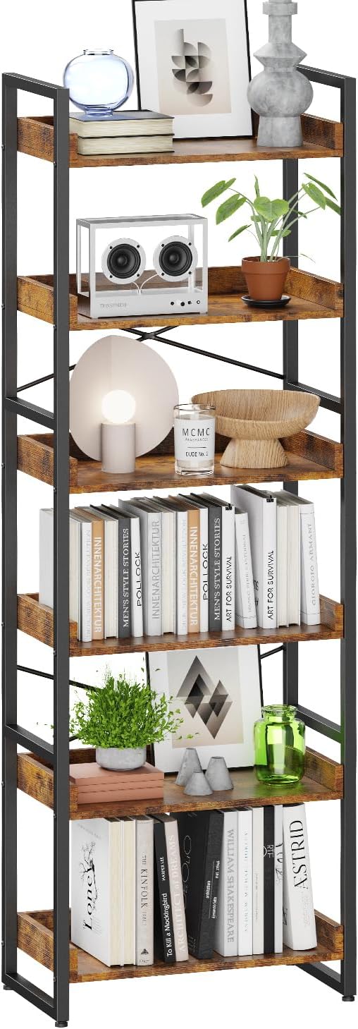 Luckyeestar 6-Tier Bookshelf, Industrial Bookcase, Office Shelf Storage Organizer, Free Standing Storage Shelving, Vintage Storage Rack, Metal Frame Display Rack for Living Room