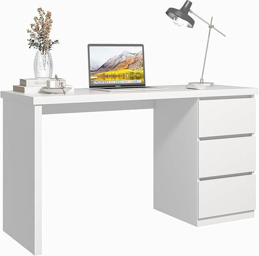 furtble White Desk with Drawers, 55'' W Home Office Computer Desk Gaming Table, Modern Vanity Desk with Storage, Wood Writing Workstation for Bedroom, Living Room, White