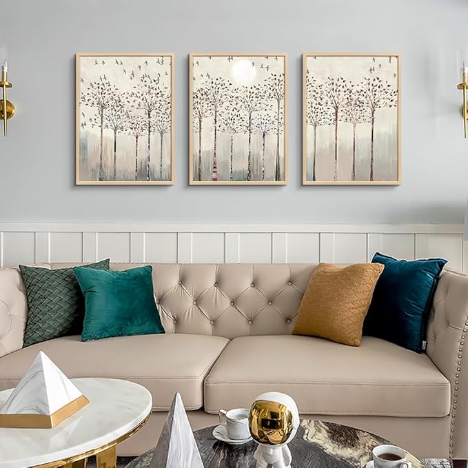 Natural Wood Framed Art Prints Wall Decorations For Living Room Wall Art For Bedroom Office Wall Decor Artworks Sunshine Trees And Birds Abstract Paintings Modern Home Frame Pictures Decor 3 Piece