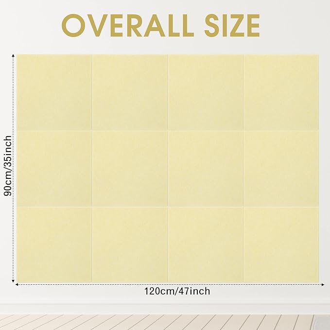 Honoson 12 Pack 47"x35" Large Cork Boards Tiles Alternative Felt Wall Tiles Bulletin Board with Safe Adhesive Cork Board Squares for Walls Organize Home Office Classroom Pin Photo Panels(Light Yellow)