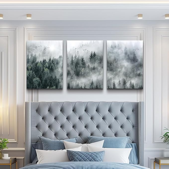 MHARTK66 Wall Decor Living Room Large Size Canvas Wall Art For Bedroom Foggy Forest Trees Landscape Wall Painting Office Decor Wall Decorations Ready To Hang Framed Wall Pictures Home Decor 3 Pieces