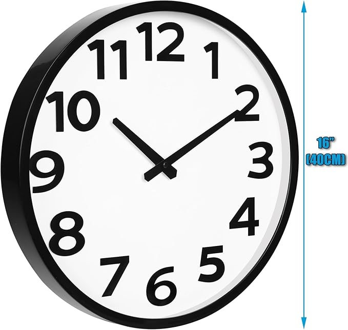 16 Inch Large Wall Clock Battery Operated Silent with Big Numbers Easy to Read, Analog Quartz Modern Clock for Living Room, Office, School or Seniors