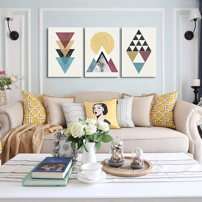 MHARTK66 Abstract Geometry Wall Art Prints, 3 Framed 12 x 16 inch Canvas, Bedroom Living Room Bathroom Decor