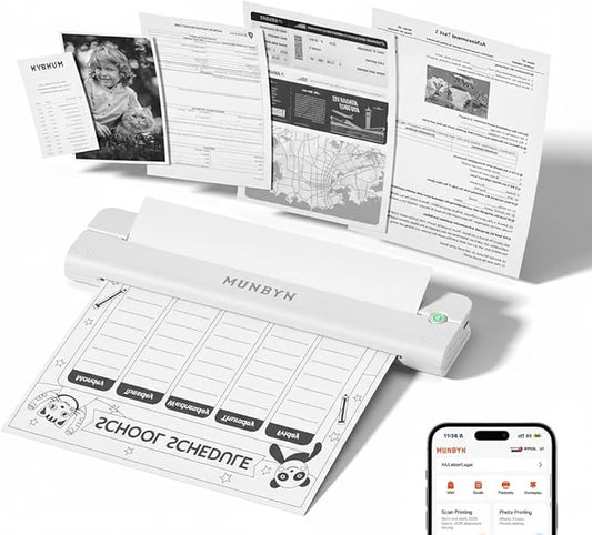 MUNBYN Portable Printer Wireless for Travel, Small Bluetooth Inkless Thermal Printer Support 8.5 x 11 US Letter & A4, Compatible with Laptop, macOS,Windows, Android & iOS for Car,Home Office & School