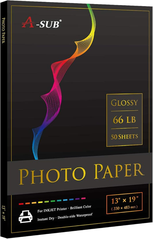 A-SUB Premium Photo Paper High Glossy 13x19 Inch 66lb for Inkjet Printers 50 Sheets, Single Sided