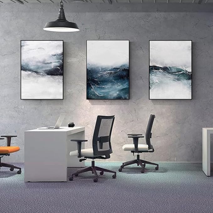 ARTKN Abstract Wall Art 3 Piece Large Framed Canvas Wall Art for Living Room Bedroom Home Office Modern Blue Seascape Decorative Paintings Ocean Theme Poster Prints(Blue, 24" X 32" X 3 Pieces)