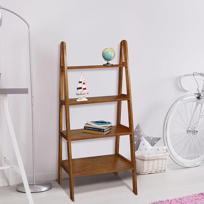 Casual Home 100% Solid Wood 4-Shelf Ladder Bookcase, Standard, 60" H, Warm Brown