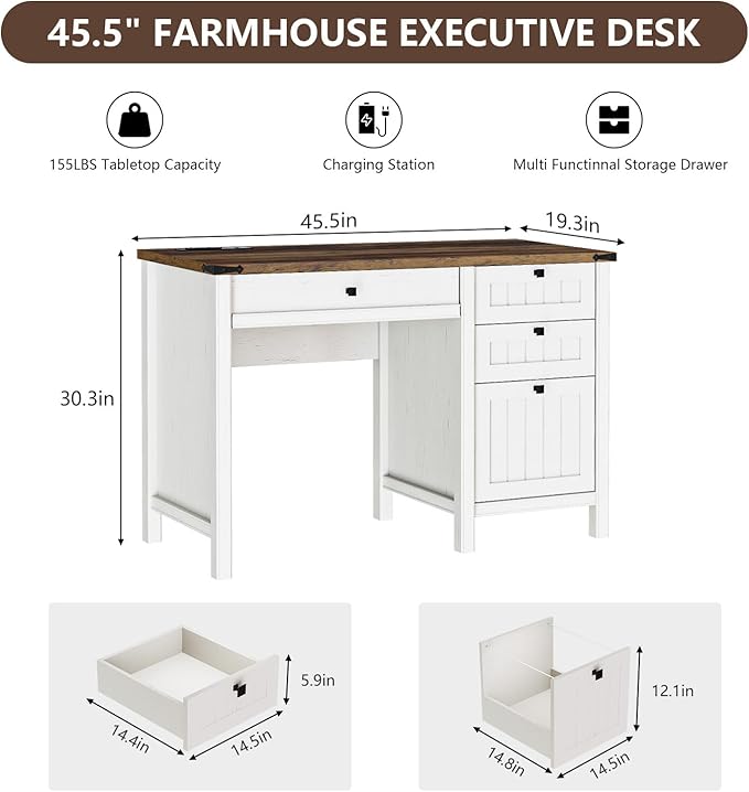 Farmhouse Executive Desk 45 inch Computer Desk with 4 Drawers, Smart Charging Station, Home Office & Study Room Essential for Remote Workers, Professionals & Students.Antique White