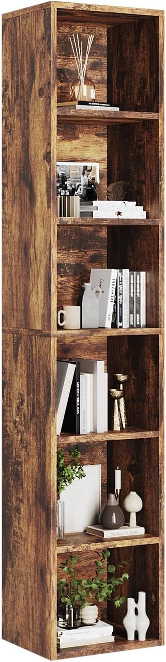 MXV Narrow Bookshelf, 6-Tier Open Bookcase, Coner Shelf, Storage Shelves, Display Storage Shelves, Floor Standing Unit, Home Decor, Furniture for Home Office, Living Room, Bedroom, Brown