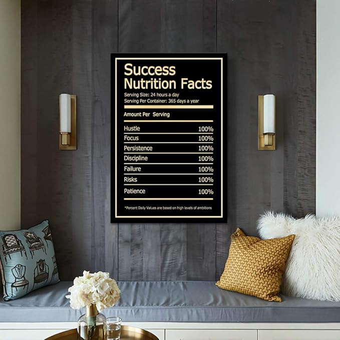 Modern Motivational Canvas Print Posters Black Success Nutrition Facts Inspirational Quote Wall Art for Bedroom Stretched and Framed Ready to Hang for Office Home Decorations - 24''W x 36''H