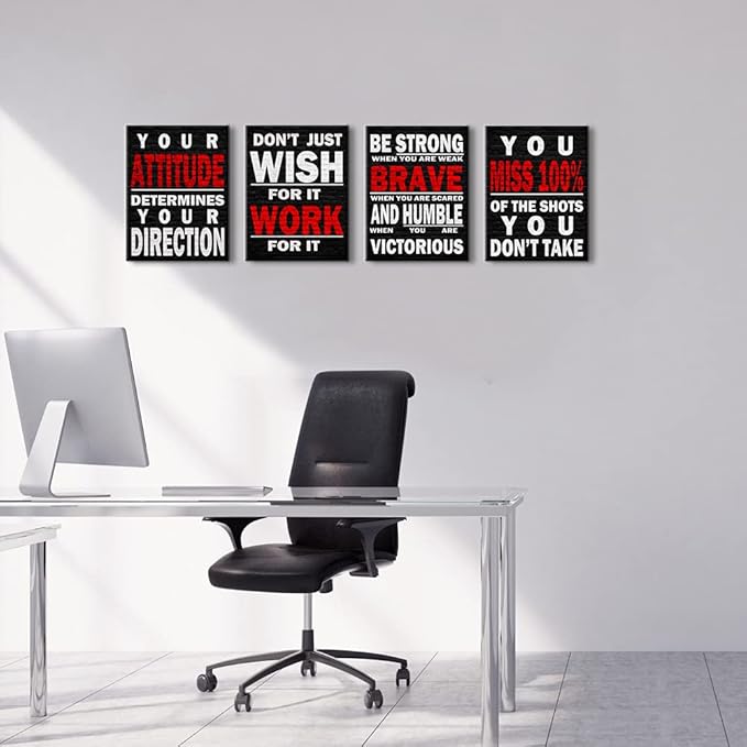 Inspirational Wall Art Poster Quote Motivational Wall Art for Office Living Room Bedroom Gym Black and White Red Positive Quotes Funny Office Wall Decor Sign 4 pieces