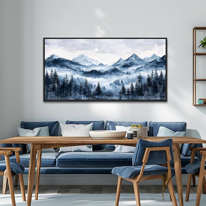 ERQINHUA Black Framed Canvas Wall Art For Bedroom Large Wall Decor For Living Room Modern Office Home Decorations Printed Misty and Fog Forest Painting Mountain Landscape Wall Aesthetics 24x48 In