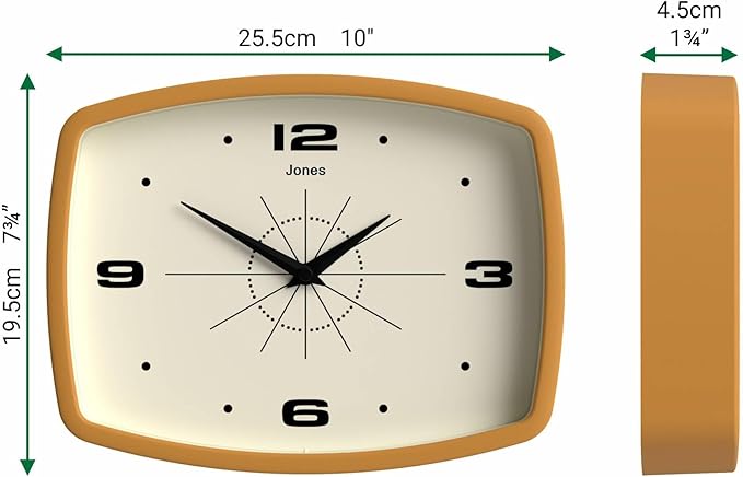 JONES CLOCKS® Movie wall Clock | Retro Rectangular Clock | 10 inch | Mustard Yellow | Cool mid-Century Designer Look for Kitchen, Living Room or Office