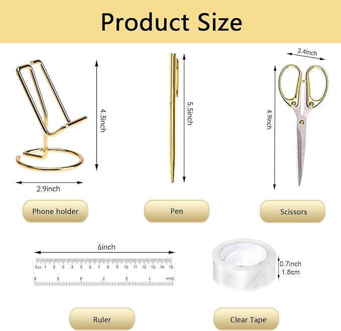 suniya Office Supplies,Desk Accessories,with Stapler,Tape Dispenser,Pen Holder Cup for Desk,Staple Remover,Scissor,Ballpoint Pen,Clear Tape, Staples,Phone Stand,Ruler,Binder,Best Gift Set(Gold)