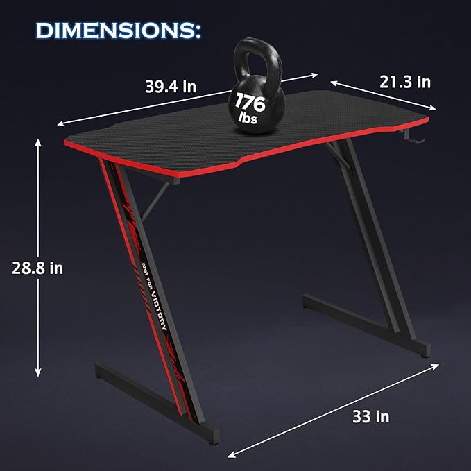 PayLessHere | 39" Gaming Table | Red | Z-Shaped Computer Desk with Steel Frame, Headphone Hook, Adjustable Feet | Carbon Fiber Texture Surface, Sweat & Waterproof | for Gaming, Home Office