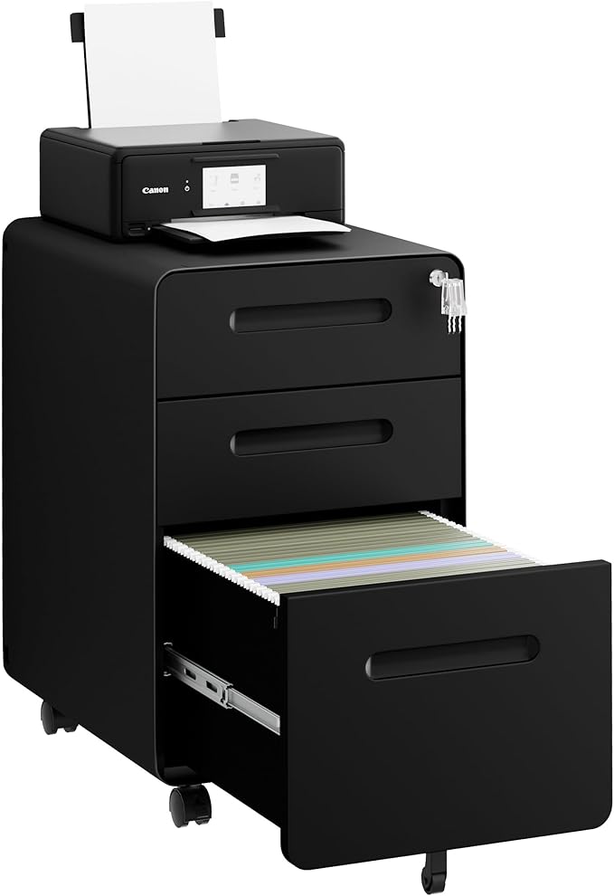 File Cabinet, Mobile Filing Cabinet with Lock, All Steel Structure Printer Stand, Fully Assembled Except Casters, Under Desk Storage for Home Office, 3 Drawers Document Organizer, Black