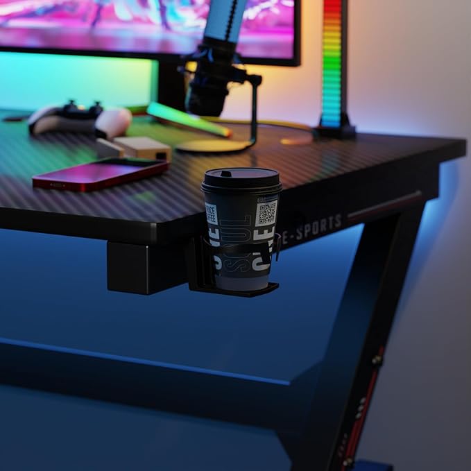 BestOffice | 47" Gaming Desk | Black & Red | Carbon Fiber Textured Computer Desk | Sturdy Steel Frame,Cup Holder, Headphone Hook, Cable Management Holes, Adjustable Leg Pads | for Gamers,Home,Office