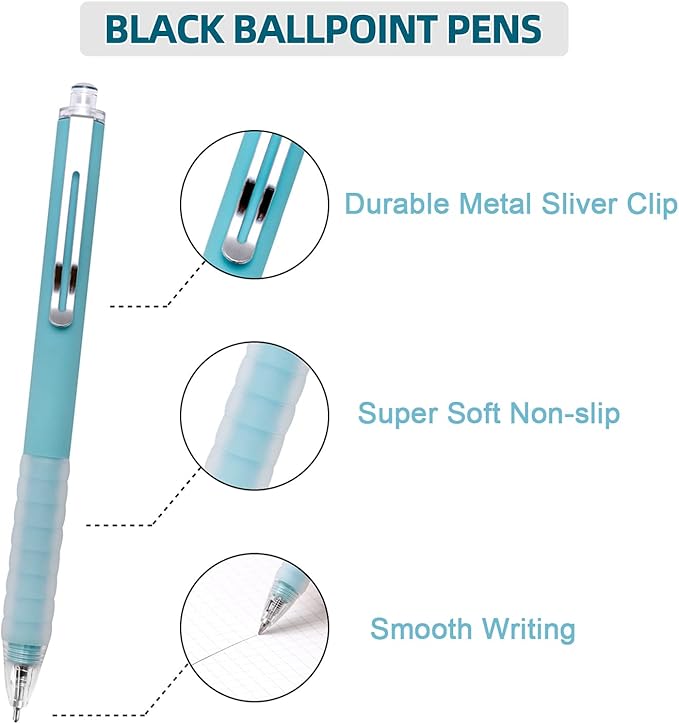 Linbsunne Ballpoint Pens Medium Point 1mm Black Ink Work Pen with Super Soft Grip Ball Point Pen for Men Women Retractable Office Pens (Silver Clip-18 count)