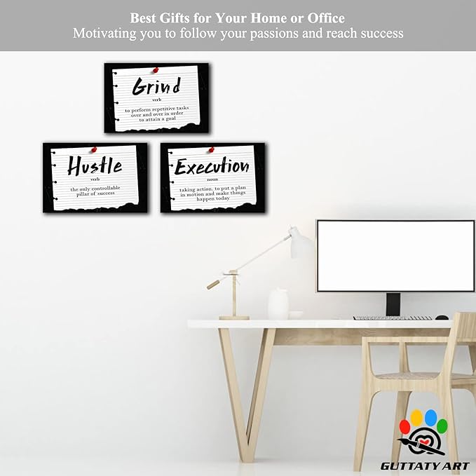 Office Wall Art - 3 Panel Motivational Wall Art, Inspirational Quotes Canvas Art for Home Office Wall Decor, Positive Quotes Wall Decor, Entrepreneur Grind Hustle Execution Poster Frame (12”x24”x3Pcs)
