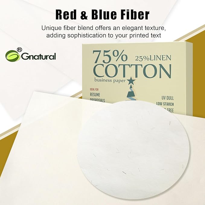 75% Cotton 25% Linen Business Paper, Ivory 85gsm 8.5"W x 11"L Resume Paper, Won't Get Wet Printing Paper 100/Box with Low Starch
