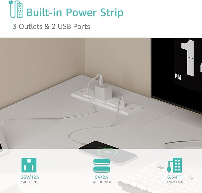 Lufeiya White L Shaped Computer Desk with Power Outlet Shelves, 47 Inch Corner Desk for Home Office Bedroom, L-Shaped Study Writing Working PC Desks, White